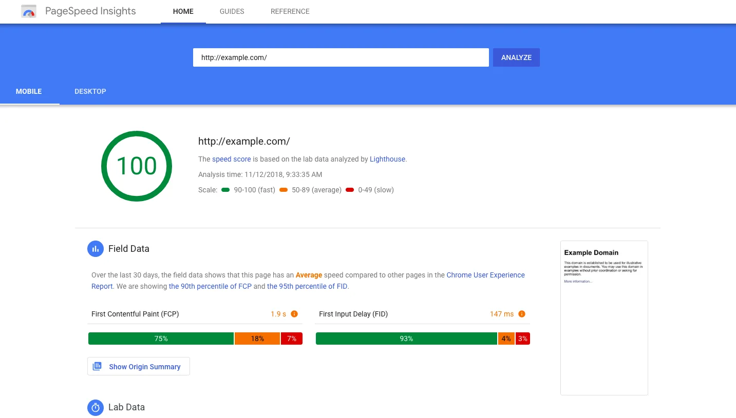 Tela do PageSpeed Insights com nota 100 para o endereço example.com na aba de celular e dados de campo de FCP (1,9 s) e FID (147 ms)
