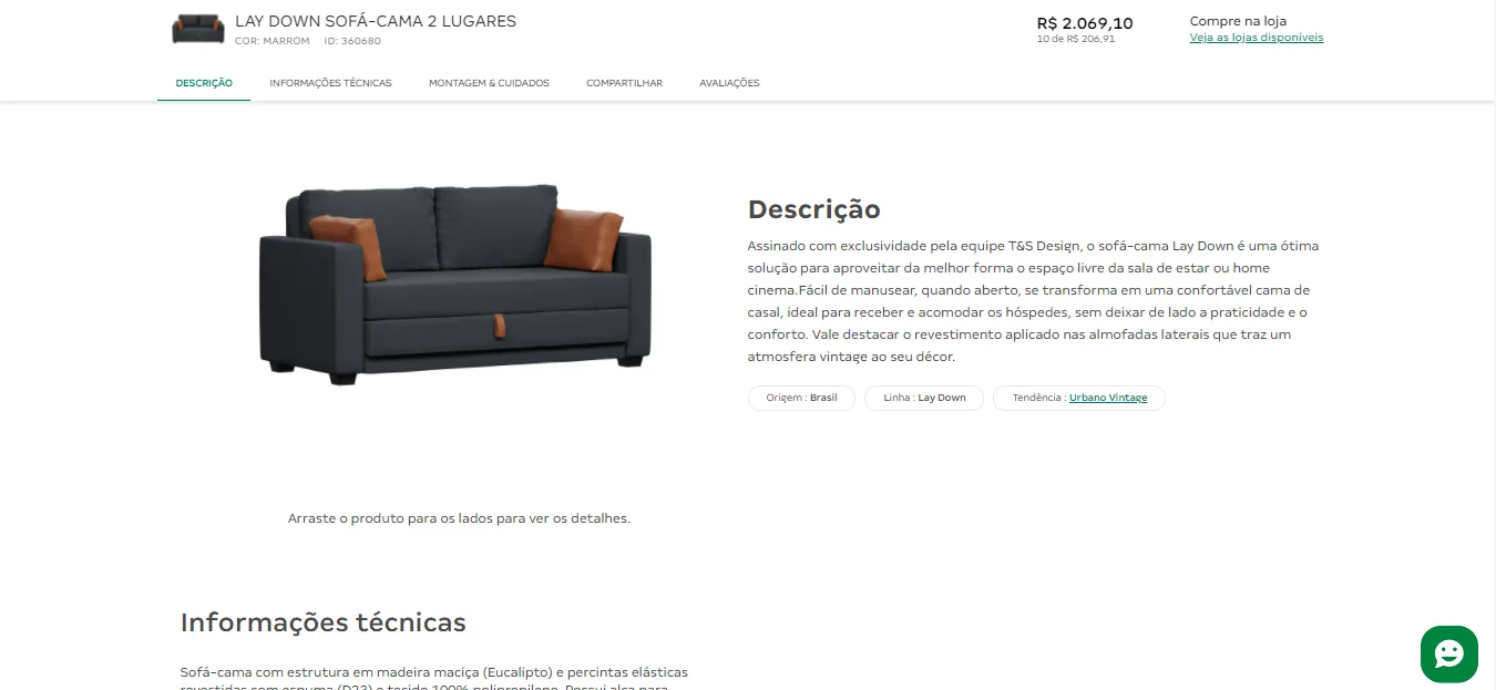 Página de produto da Tok&Stok para um sofá-cama: foto do móvel, texto de descrição e abas de informações técnicas, montagem e avaliações