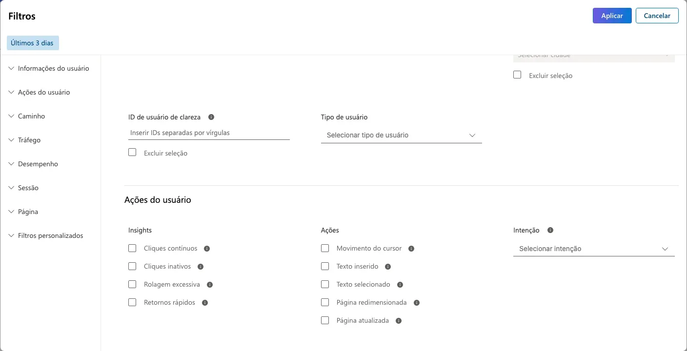 Tela de filtros do Microsoft Clarity com o grupo Ações do usuário aberto, mostrando as opções cliques contínuos, cliques inativos, rolagem excessiva e retornos rápidos