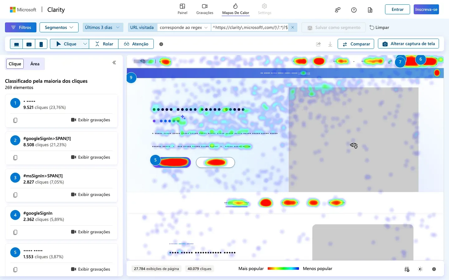 Tela de mapa de cliques do Microsoft Clarity: manchas vermelhas sobre os botões mais clicados e, à esquerda, a lista de elementos em ordem de número de cliques