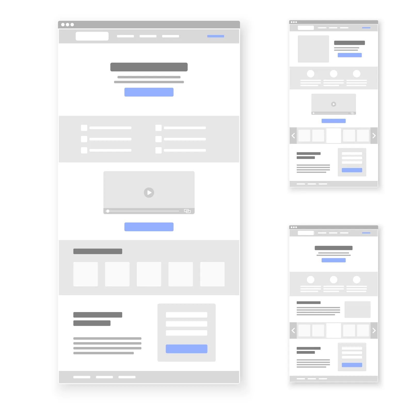 Três telas de wireframe em tons de cinza, com blocos que marcam menu, título, botões, vídeo, galeria e formulário de uma página