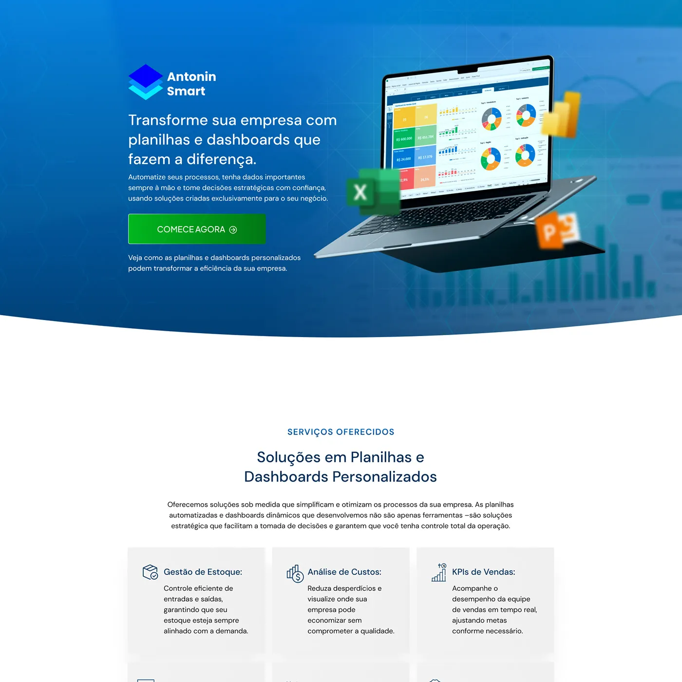 Antonin Smart, Página de vendas para planilhas e dashboards, página completa