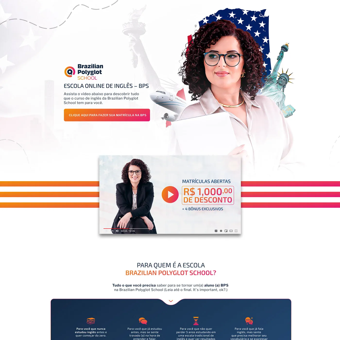 Brazilian Polyglot School, Página de vendas para escola de inglês, página completa