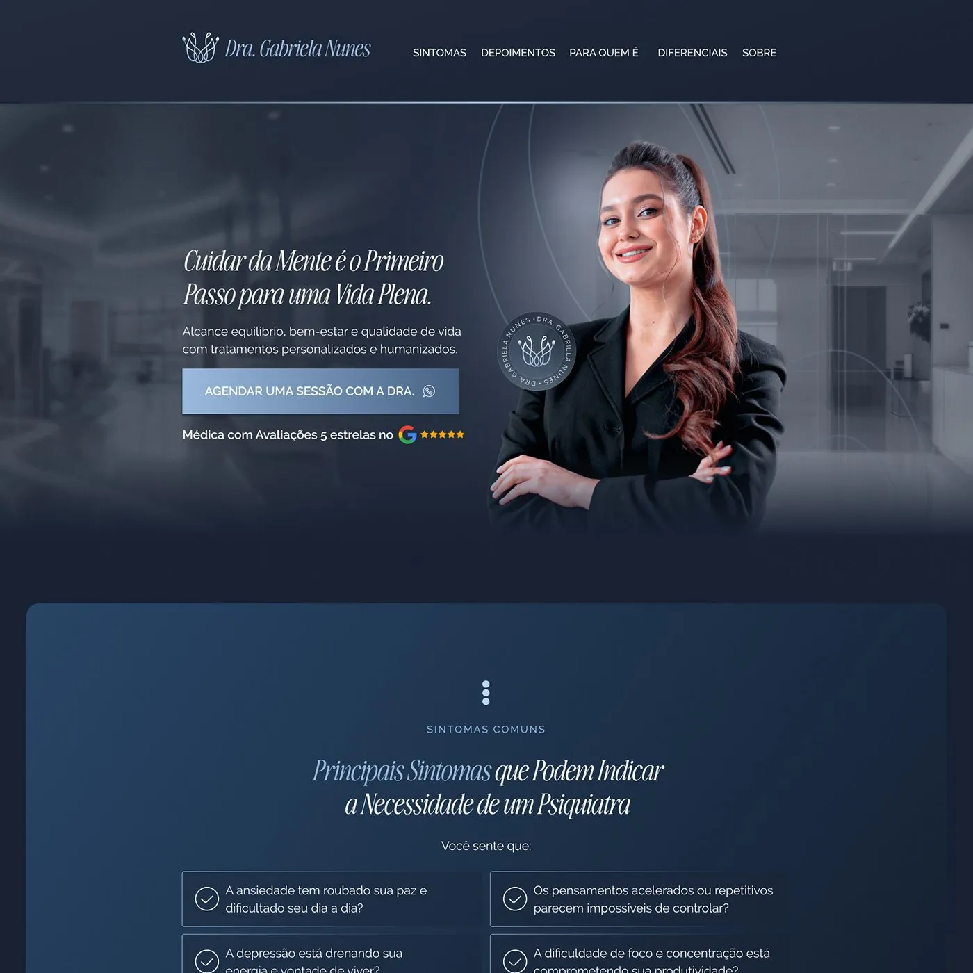 Dra. Gabriela Nunes, Landing page para psiquiatria, página completa