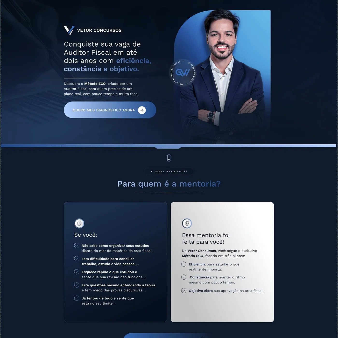 Vetor Concursos, Página de vendas para mentoria para concursos, página completa