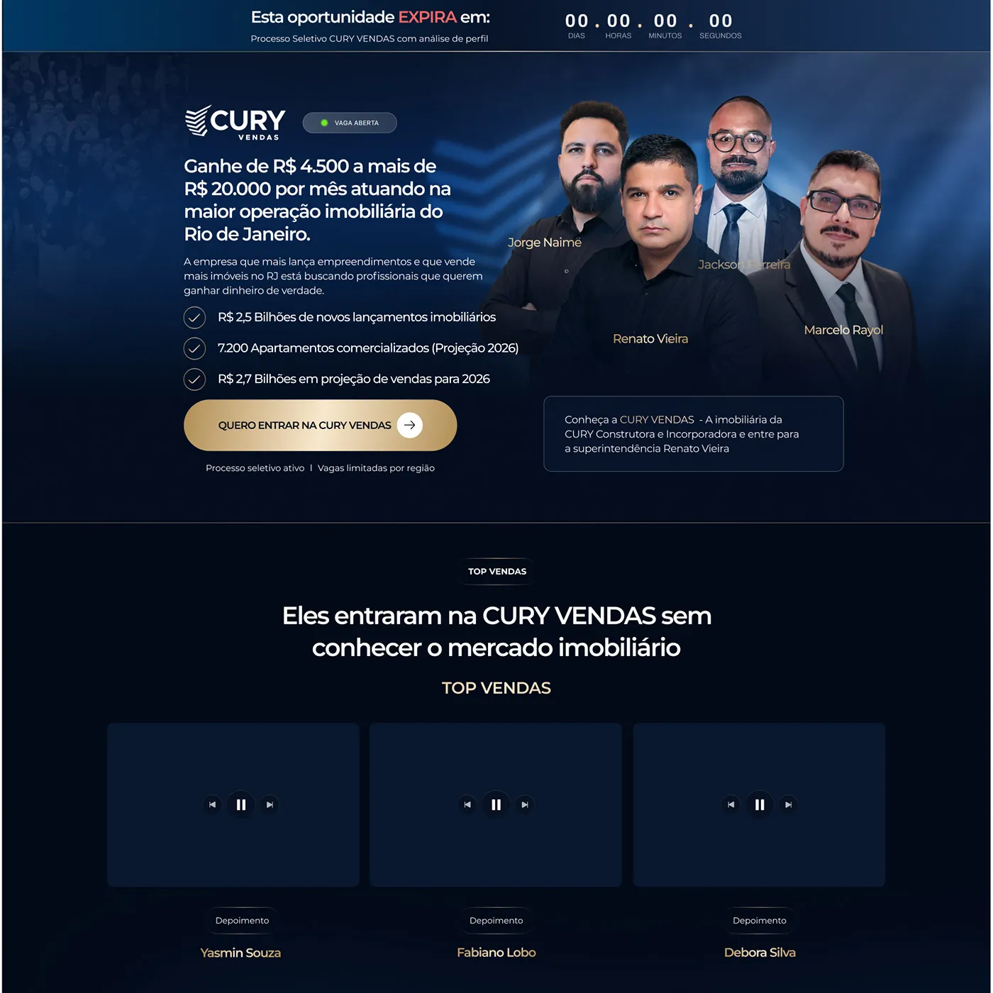 Cury Vendas, Landing page para processo seletivo imobiliário, página completa