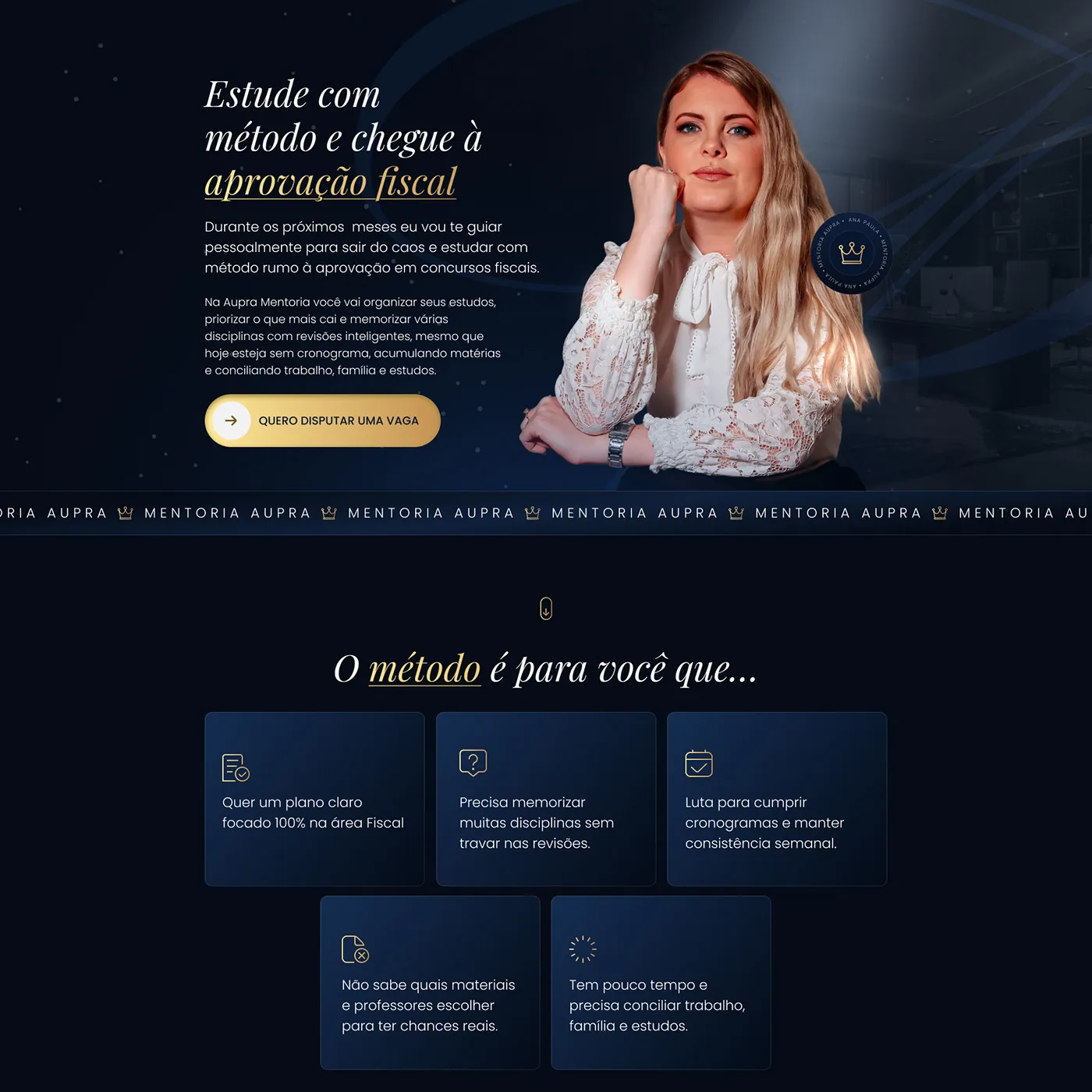 Aupra Mentoria, Página de vendas para mentoria para concursos fiscais, página completa