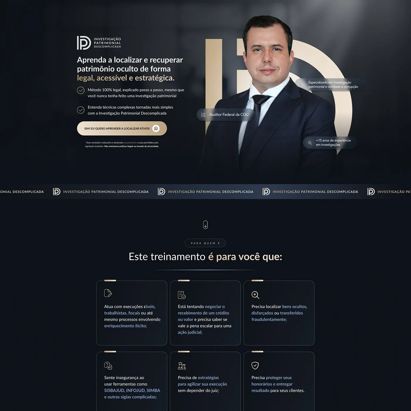 Investigação Patrimonial Descomplicada, Página de vendas para curso de investigação patrimonial, página completa