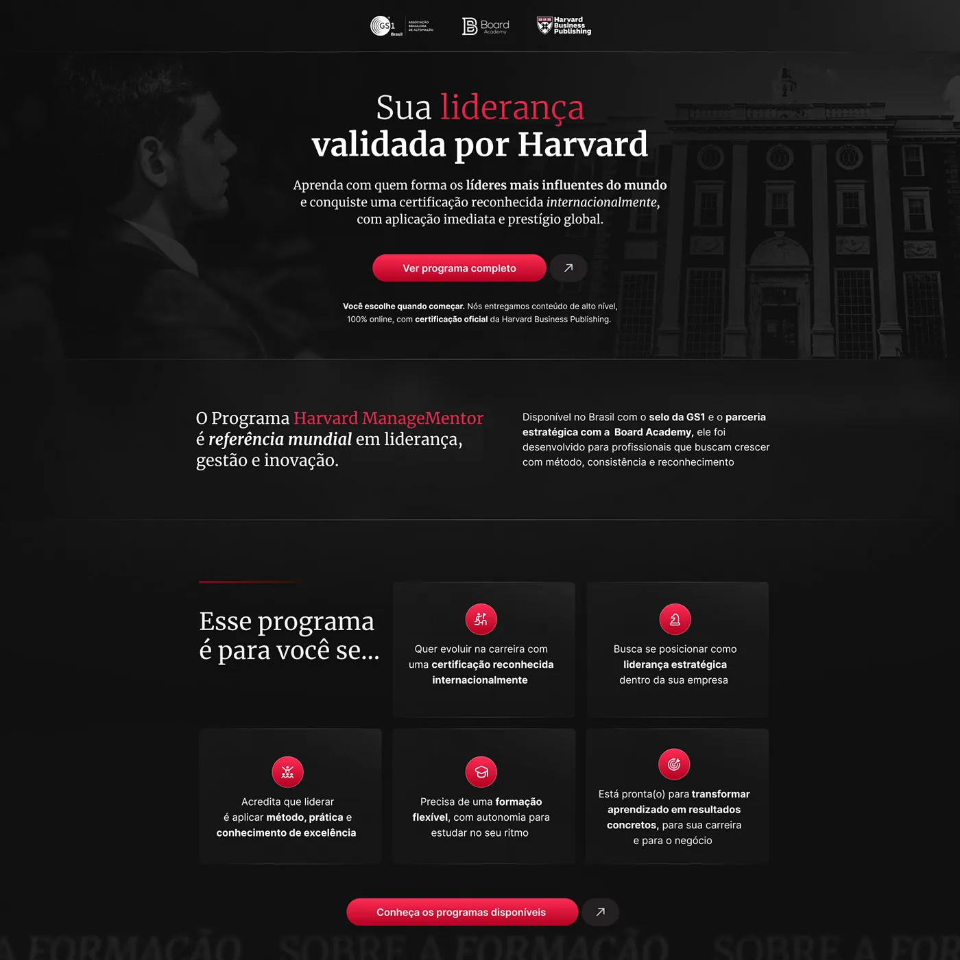Board Harvard Business, Página de vendas para certificação em liderança, página completa