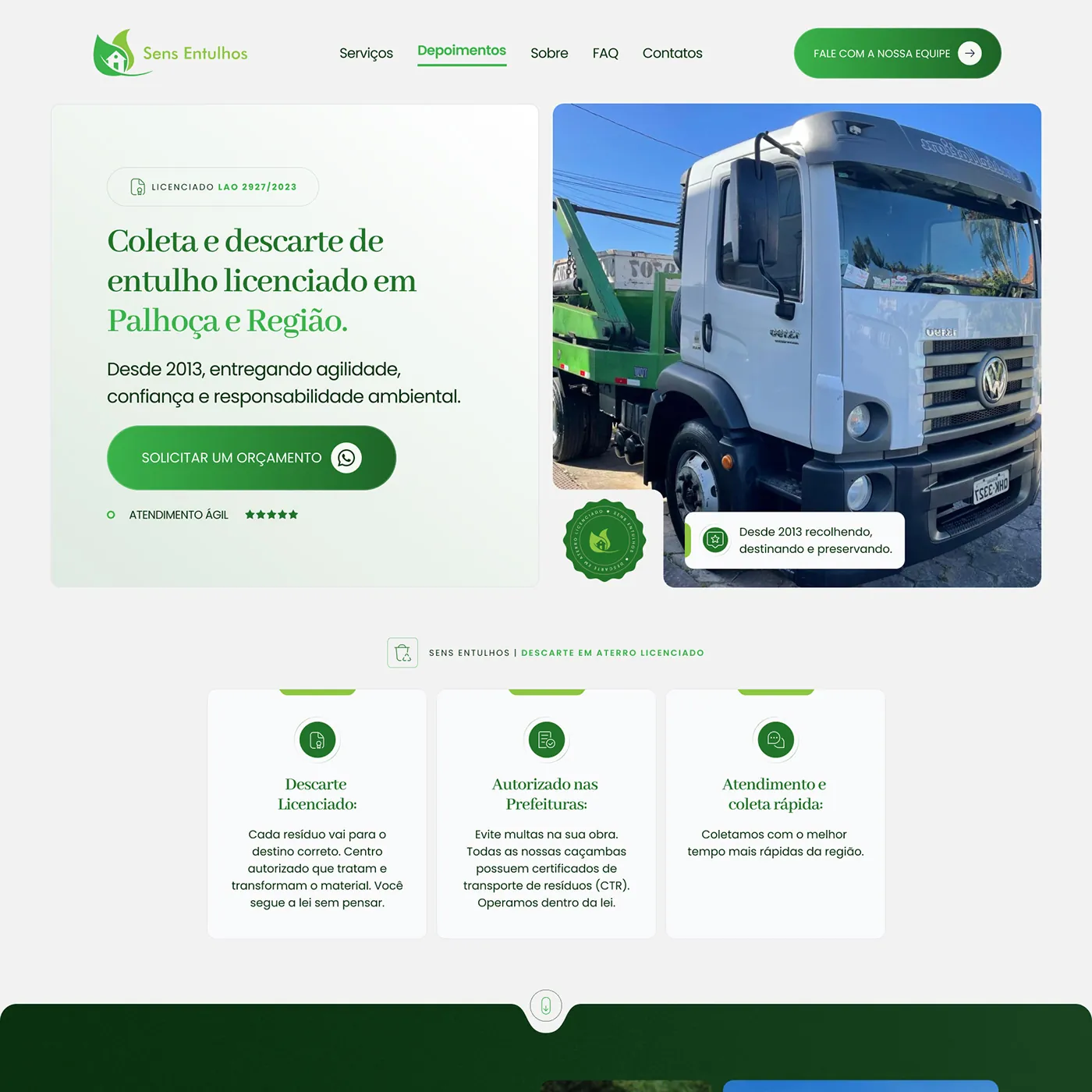Sens Entulhos, Landing page para coleta de entulho, página completa